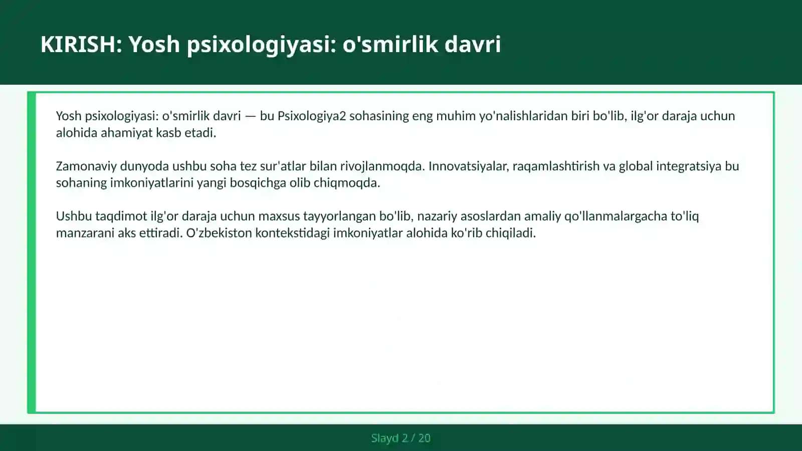 Yosh psixologiyasi: o'smirlik davri 2