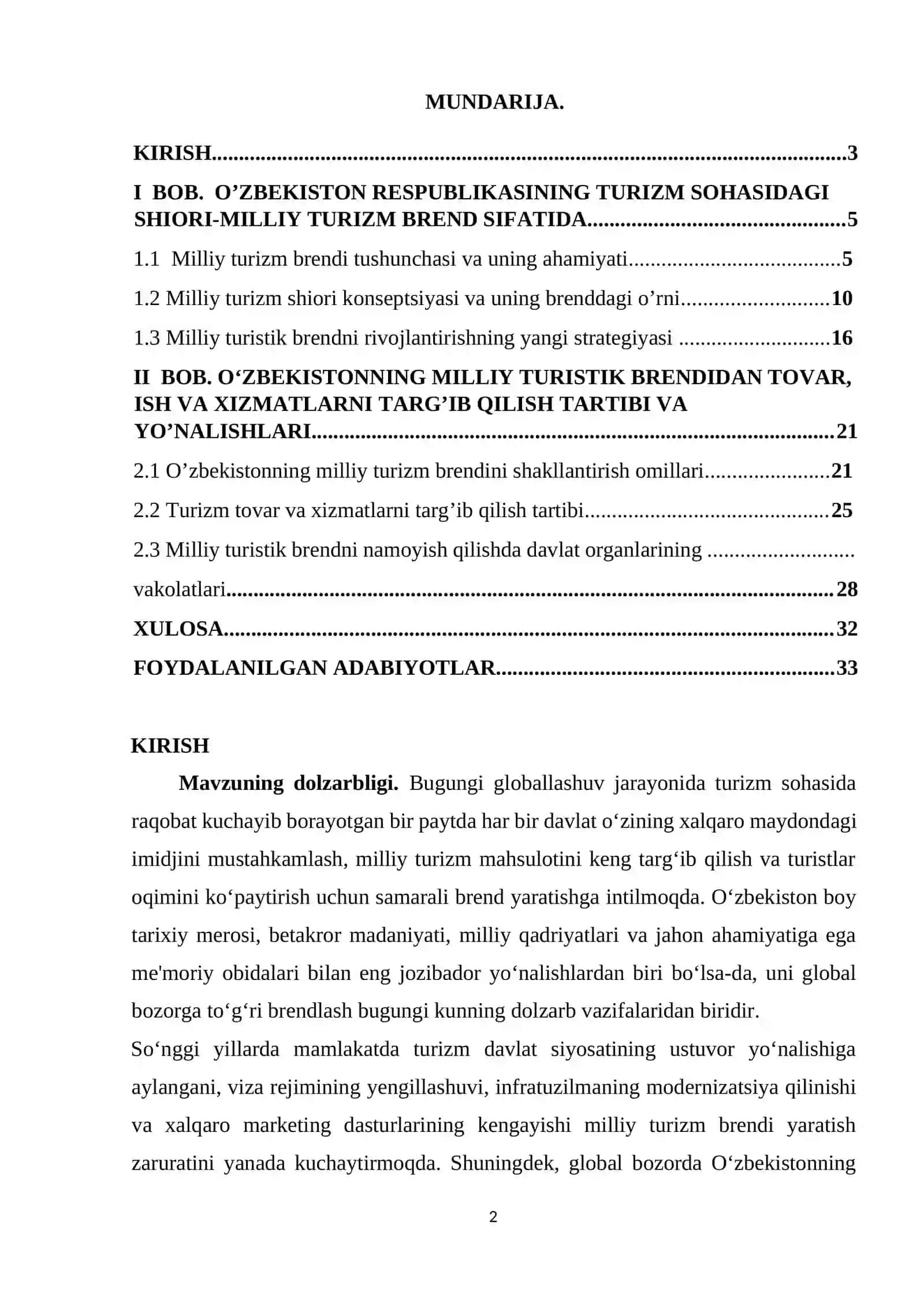 O’ZBEKISTON RESPUBLIKASINING TURIZM SOHASIDAGI SHIORI-MILLIY TURIZM BREND SIFATIDA 2