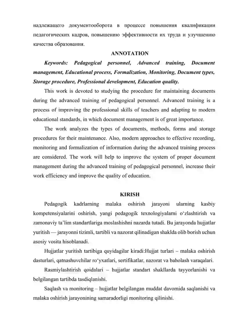 PEDAGOGIK KADRLARNING MALAKA OSHIRISH JARAYONIDA HUJJATLAR YURITISH TARTIBI 2