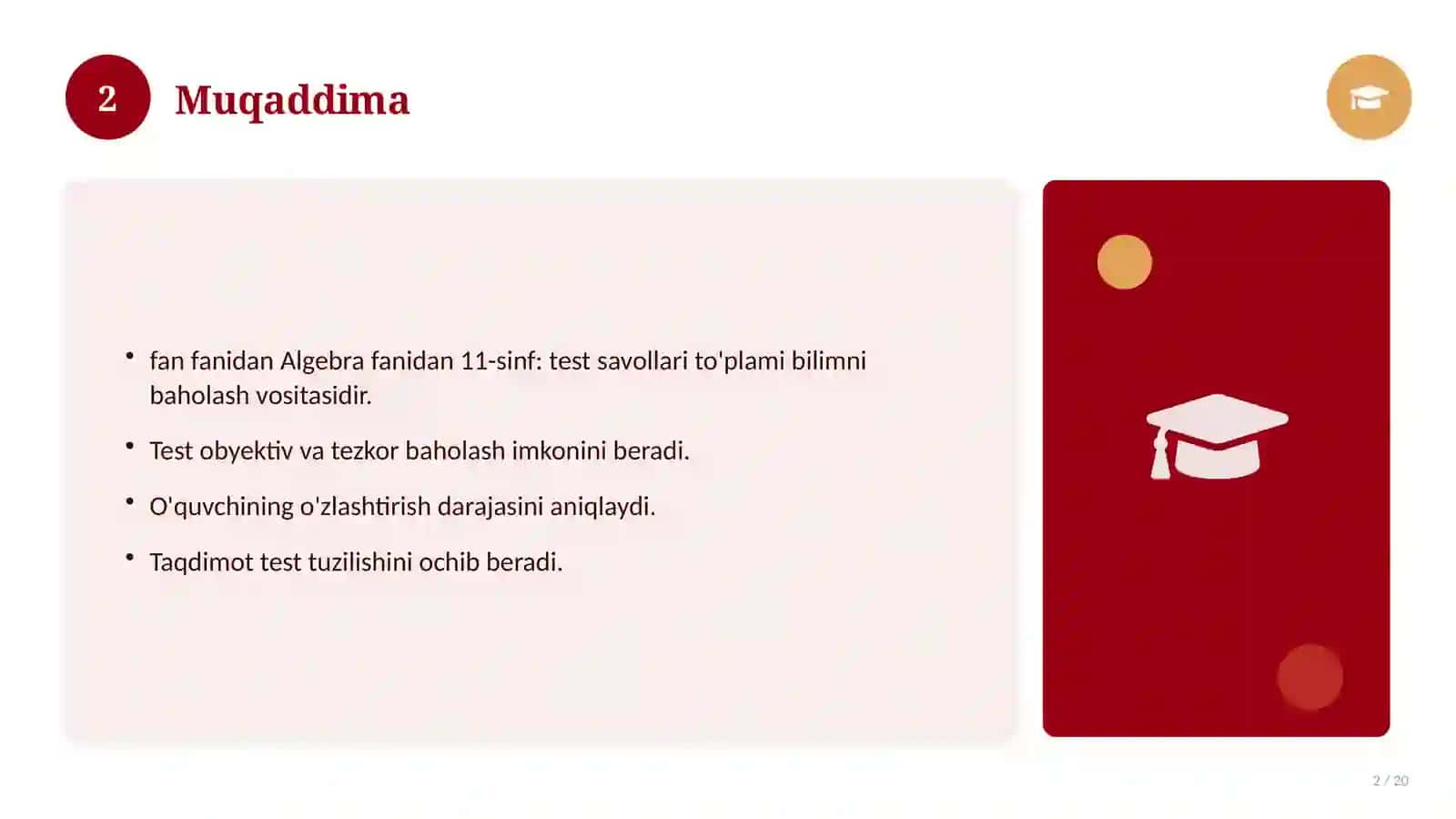 Algebra fanidan 11-sinf: test savollari to'plami 2