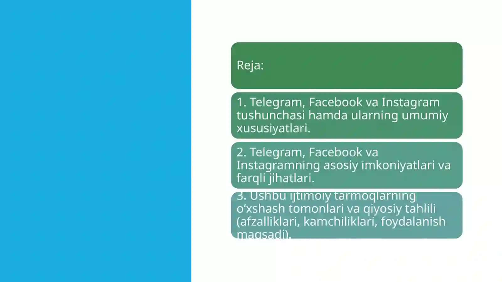 Telegram, Facebook, Instagram tushunchalari va ularning qiyosiy tahlili 2