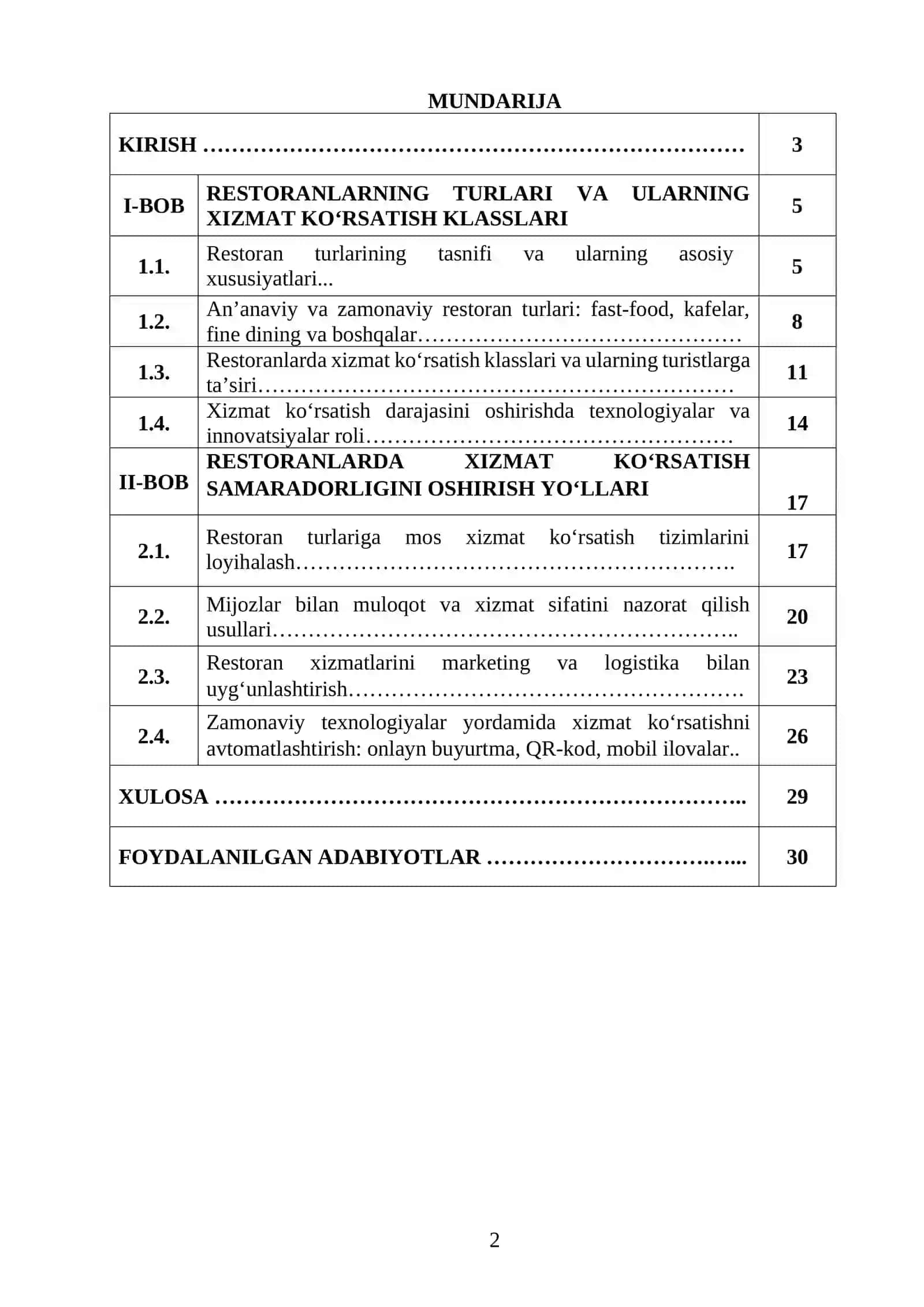 RESTARONLARNING TURLARI VA XIZMAT KO’RSATISH KLASSLARI 2