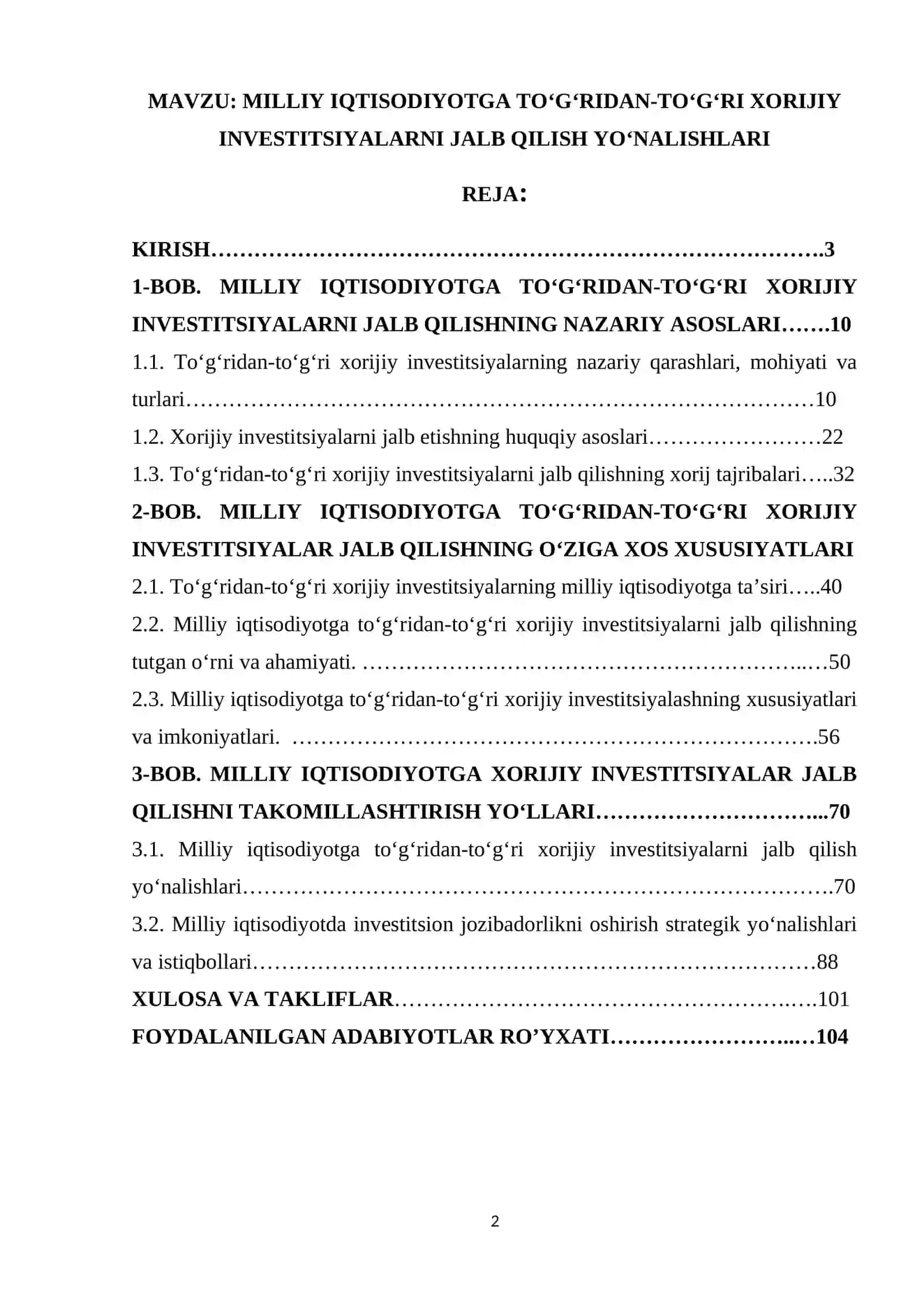 MILLIY IQTISОDIYОTGА TО‘G‘RIDАN-TО‘G‘RI XОRIJIY INVЕSTITSIYАLАRNI JАLB QILISH YО‘NАLISHLАRI 2