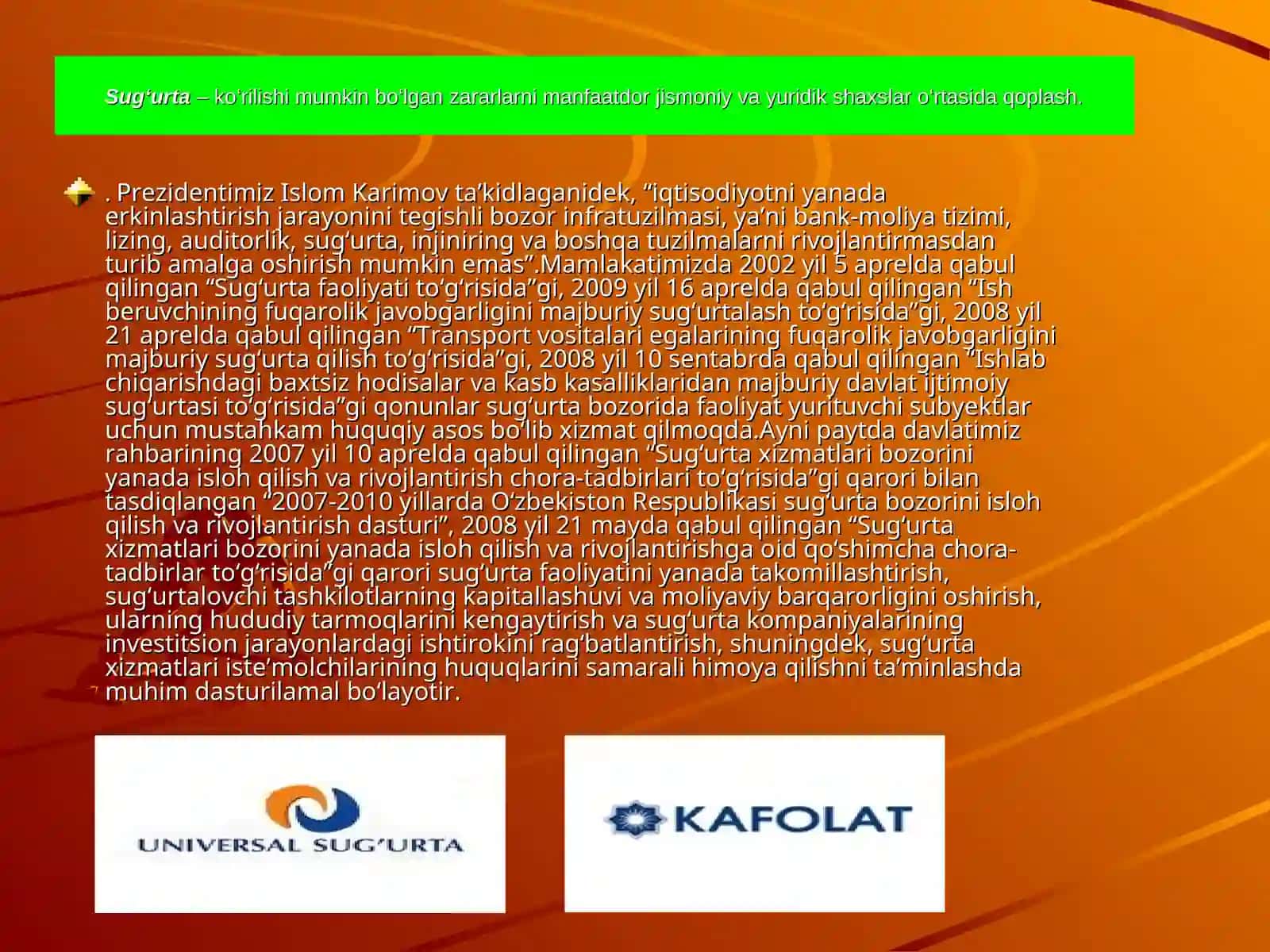 Sug'urta sohasida rivojlanish jarayoni O'zbekistonda 2