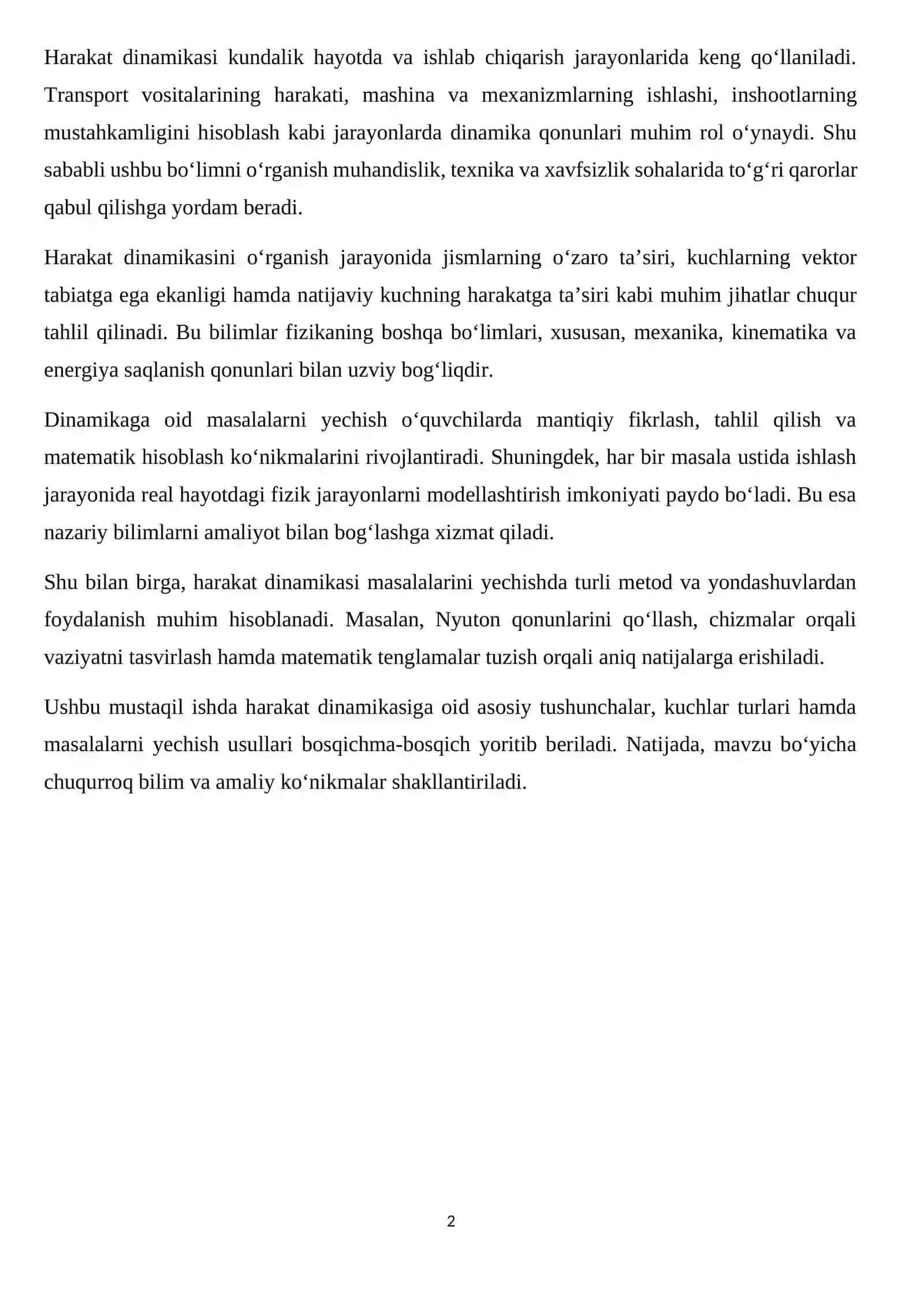 Harakat dinamikasiga oid masalalar yechish 2