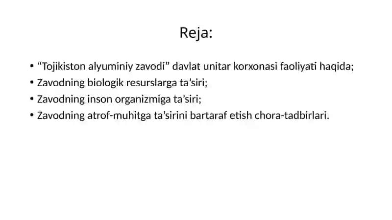 Metallurgiya(Alyuminiyzavodimisolida)zavodlariningatrof-muhitgazararinio’rganishvaungaqarshichora-tadbirlartashkilqilish 2