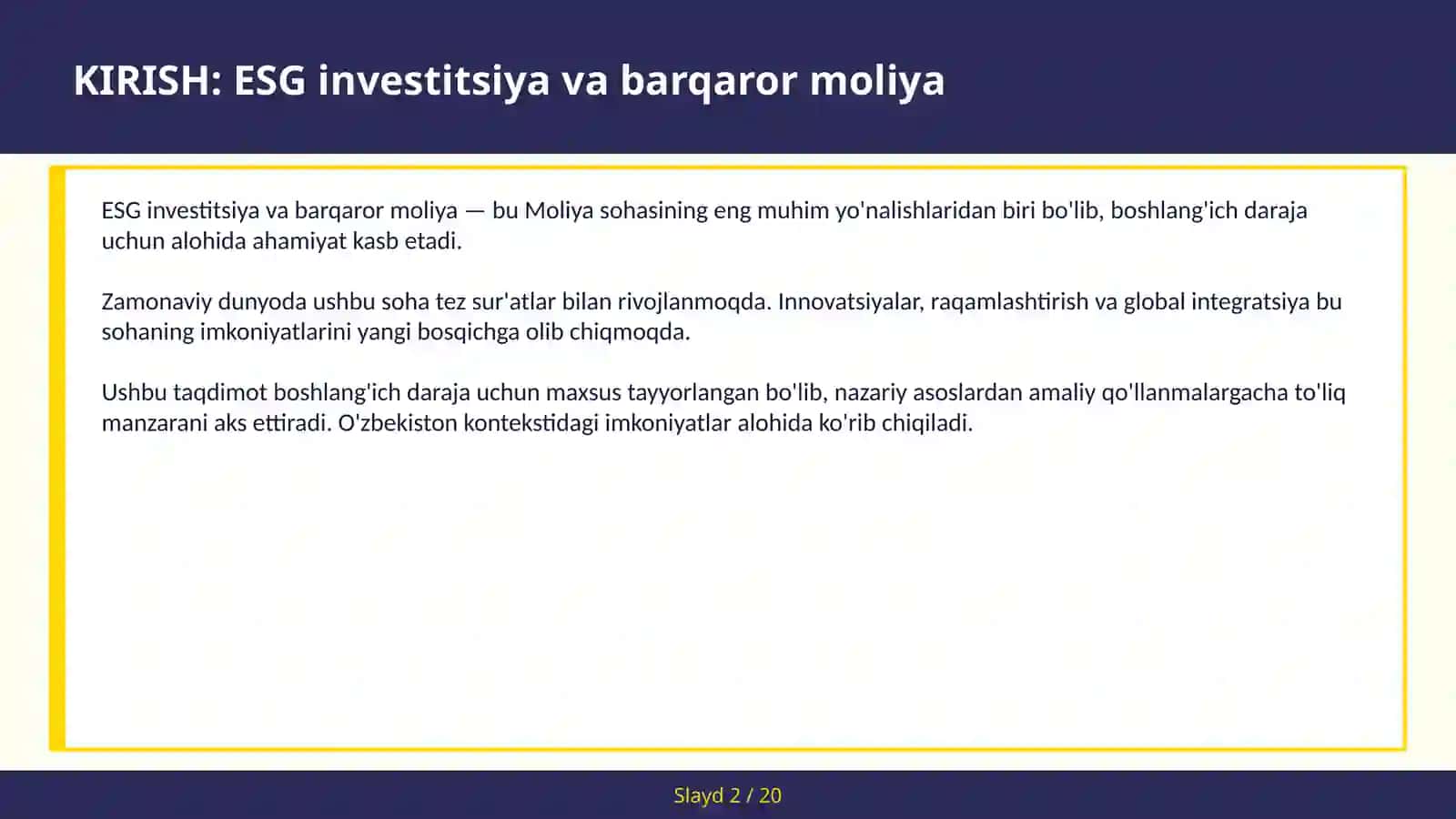 ESG INVESTITSIYA VA BARQAROR MOLIYA 2