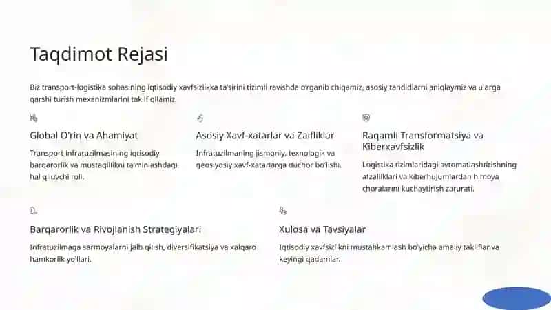 Transport-logistika Infratuzilmasining Iqtisodiy Xavfsizlikdagi O‘rni: Tahliliy Ko‘rib Chiqish 2