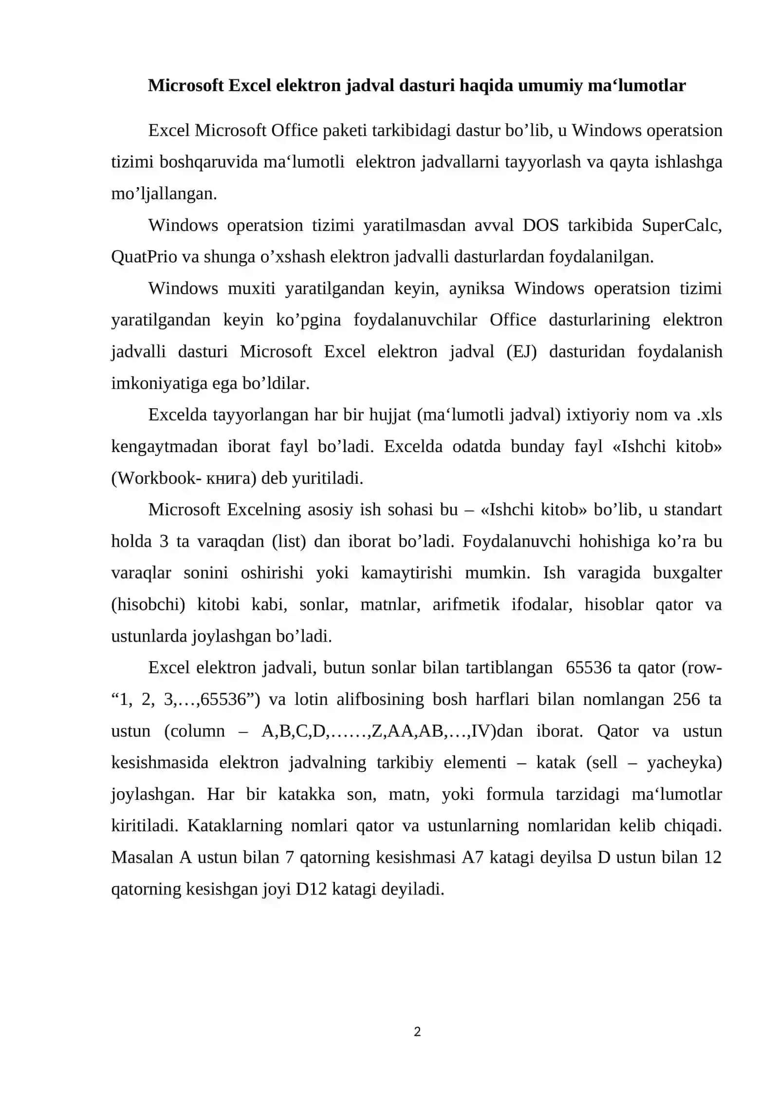 Microsoft Excel elektron jadvali va uning imkoniyatlari 2