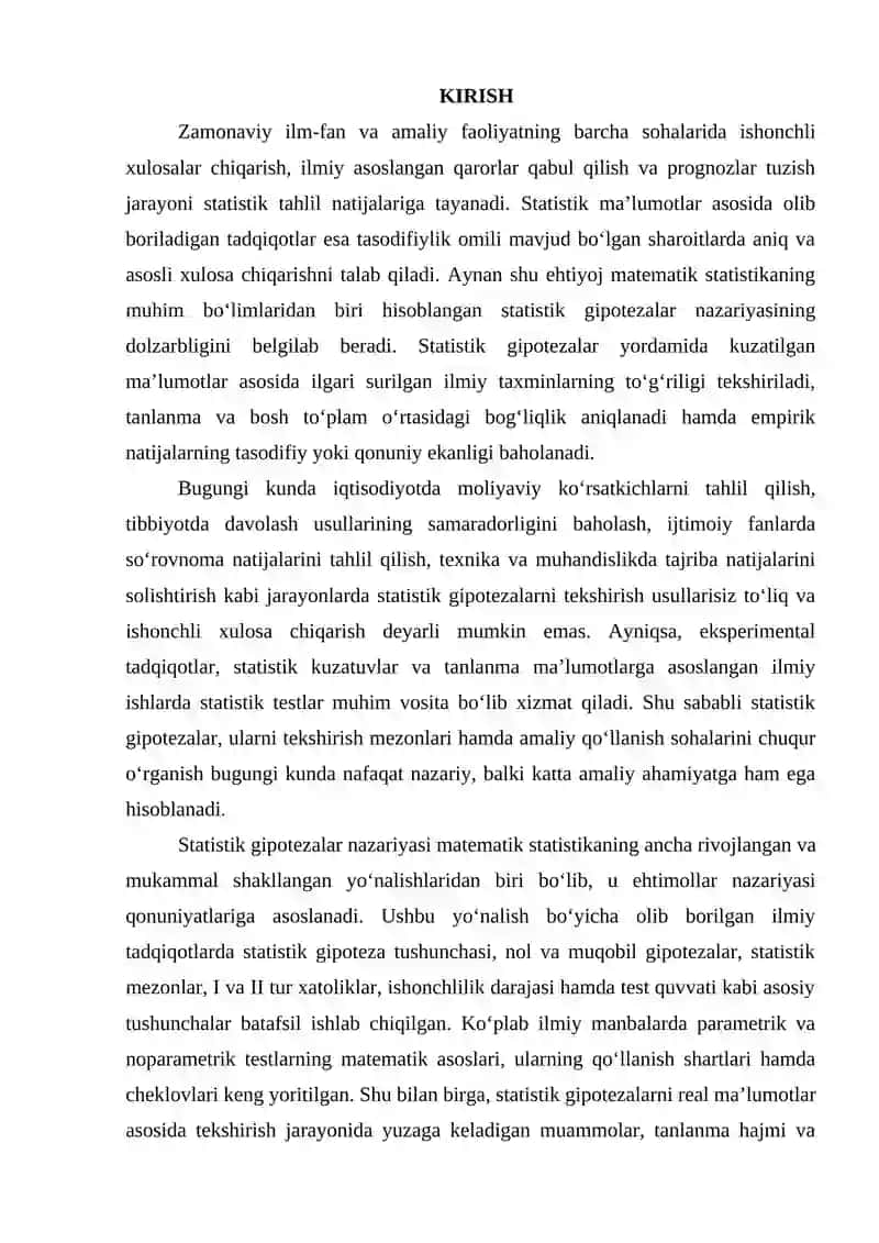 STATISTIK GIPOTEZALAR VA ULARNING TADBIQLARI 2