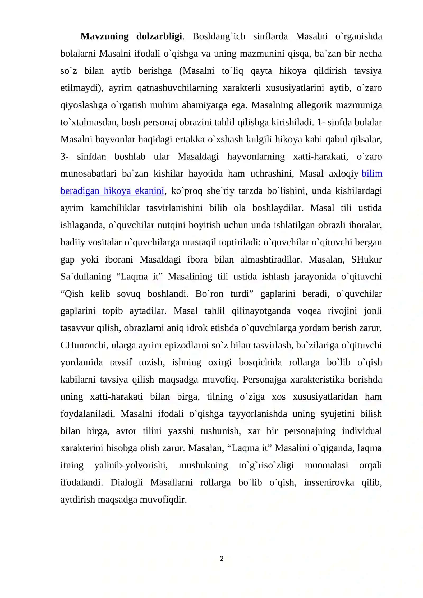 O`QISH DARSLARIDA MASAL O`TISH USLUBIYATI (4-SINIF) 2