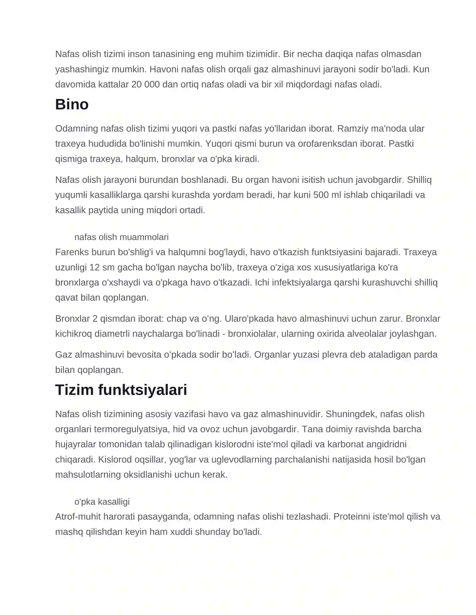 Nafas olish tizimi: tuzilishi, normasi va og'ishlari, nafas olish fiziologiyasi 2