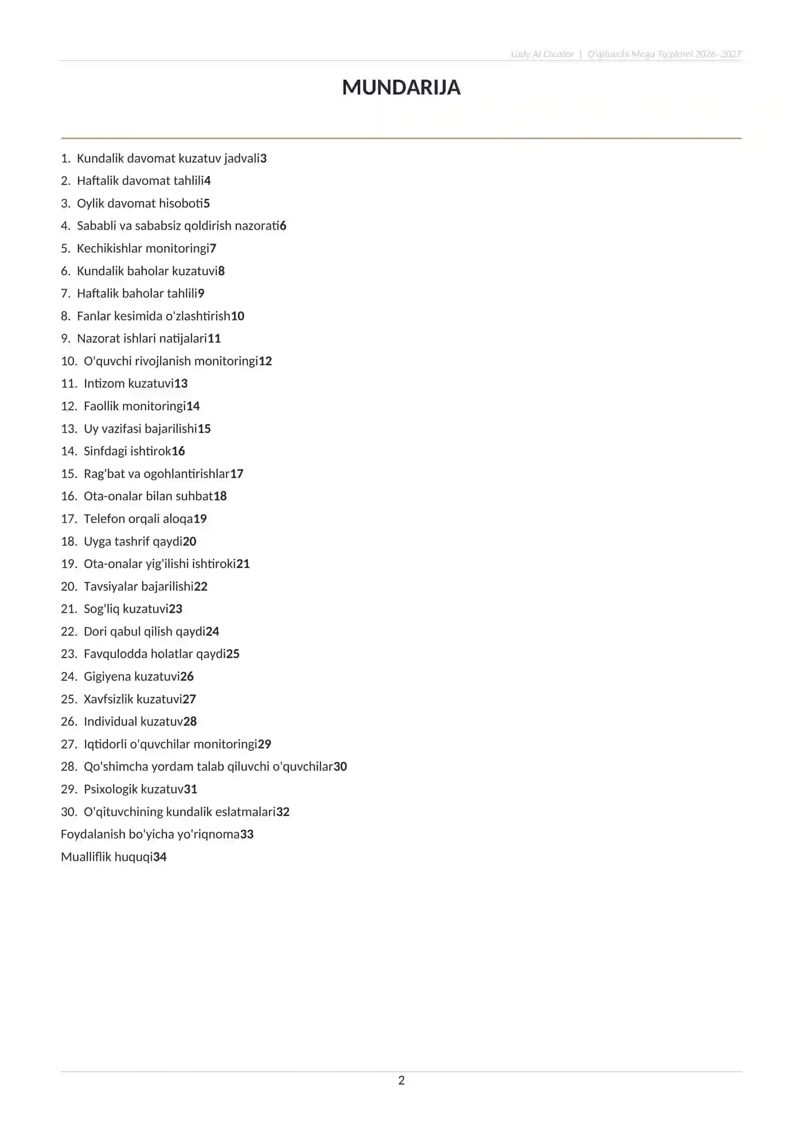 O‘QITUVCHI MEGA TO‘PLAMI 2026–2027 | 30 ta Kundalik Kuzatuv Jadvali | Word (.docx) | Sinf Rahbari uc 2