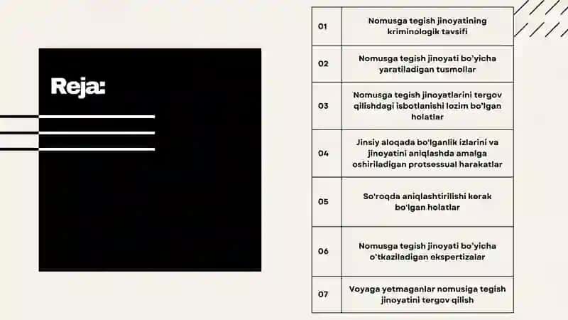 Nomusga tegish jinoyatlarini tergov qilish 2