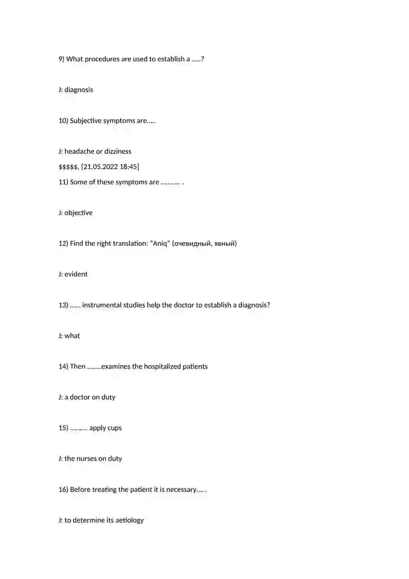 Tibbiyotga oid ingliz tili test savollari 2