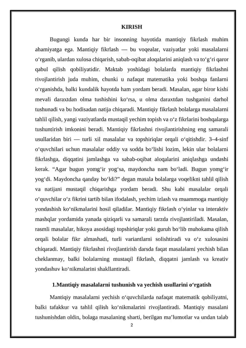 Mantiqiy fikirlashga oid masalalar ustida ishlash 2