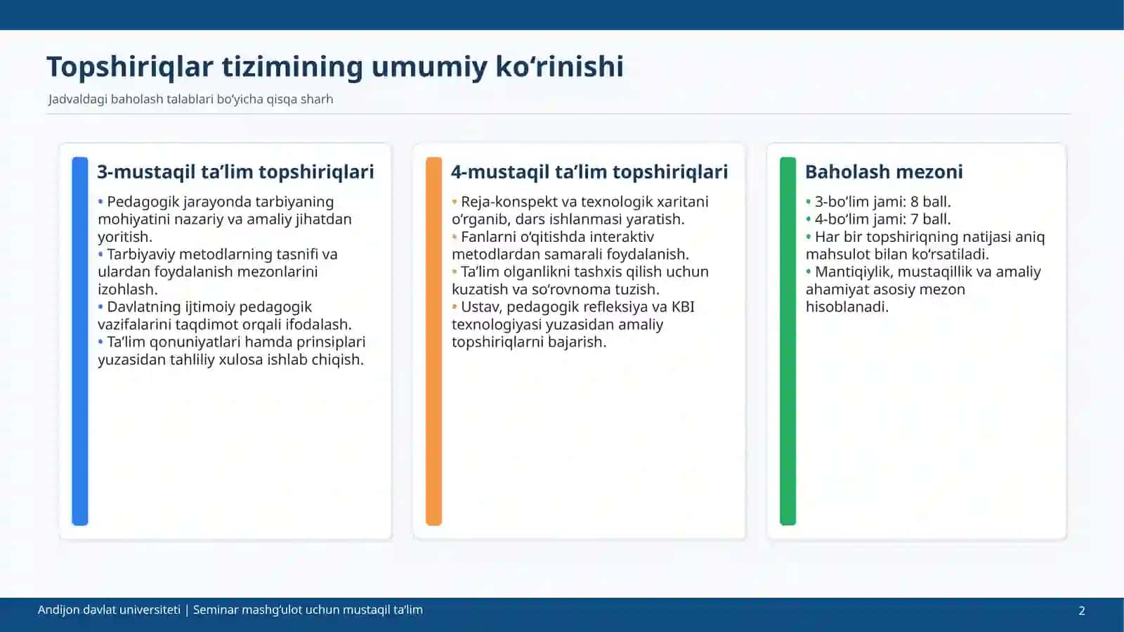 SEMINAR MASHG‘ULOT UCHUN MUSTAQIL TA’LIM TOPSHIRIQLARI 2