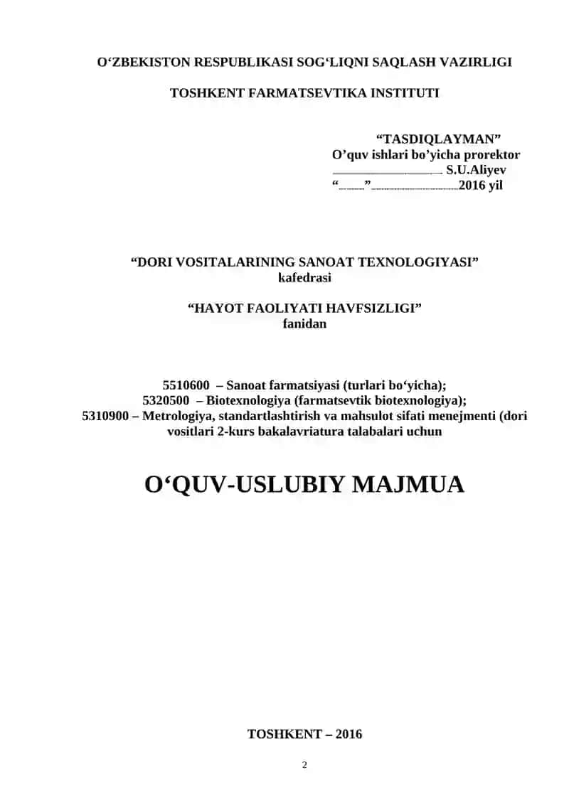 Sanoat farmatsiyasi, Biotexnologiya, Metrologiya, standartlashtirish va mahsulot sifati menejmenti 2