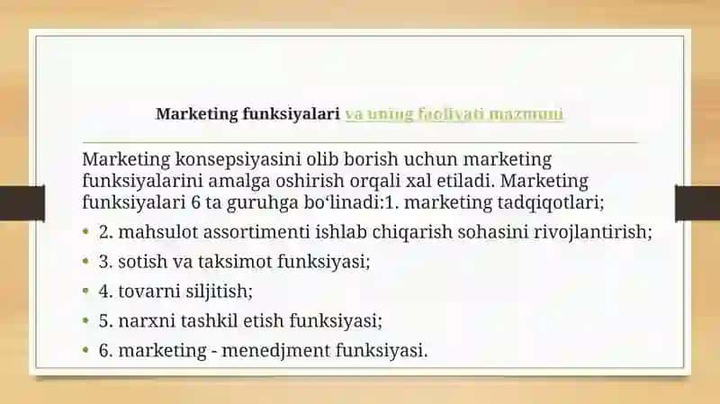 MARKETING FUNKSIYALARI VA TURLARI. 2