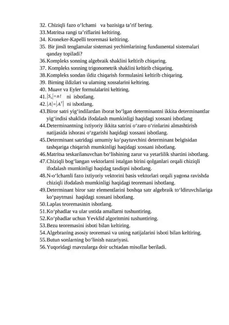 Algebra fanidan yakuniy nazorat savollari 2