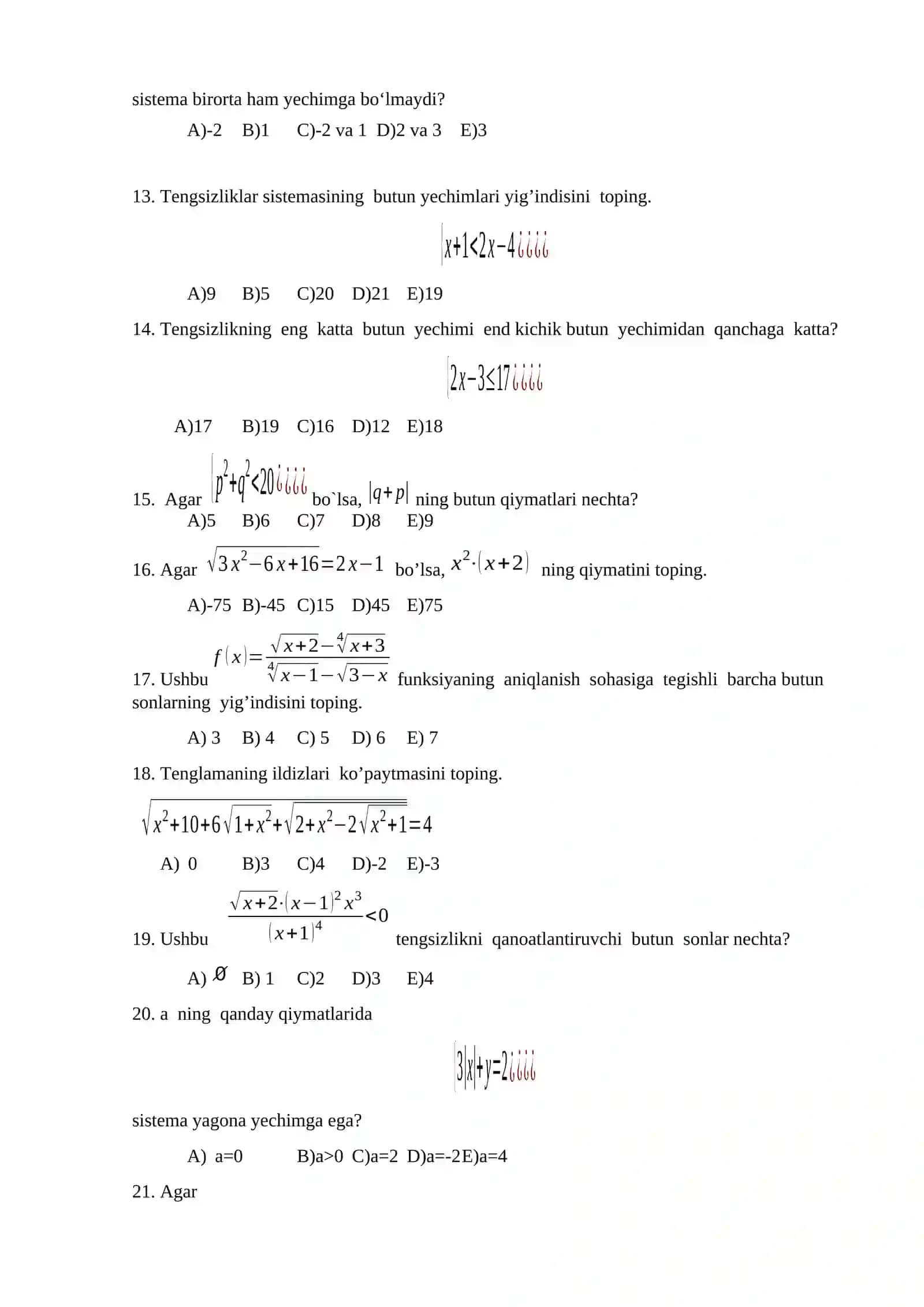 8-sinf. Matematika TEST 2