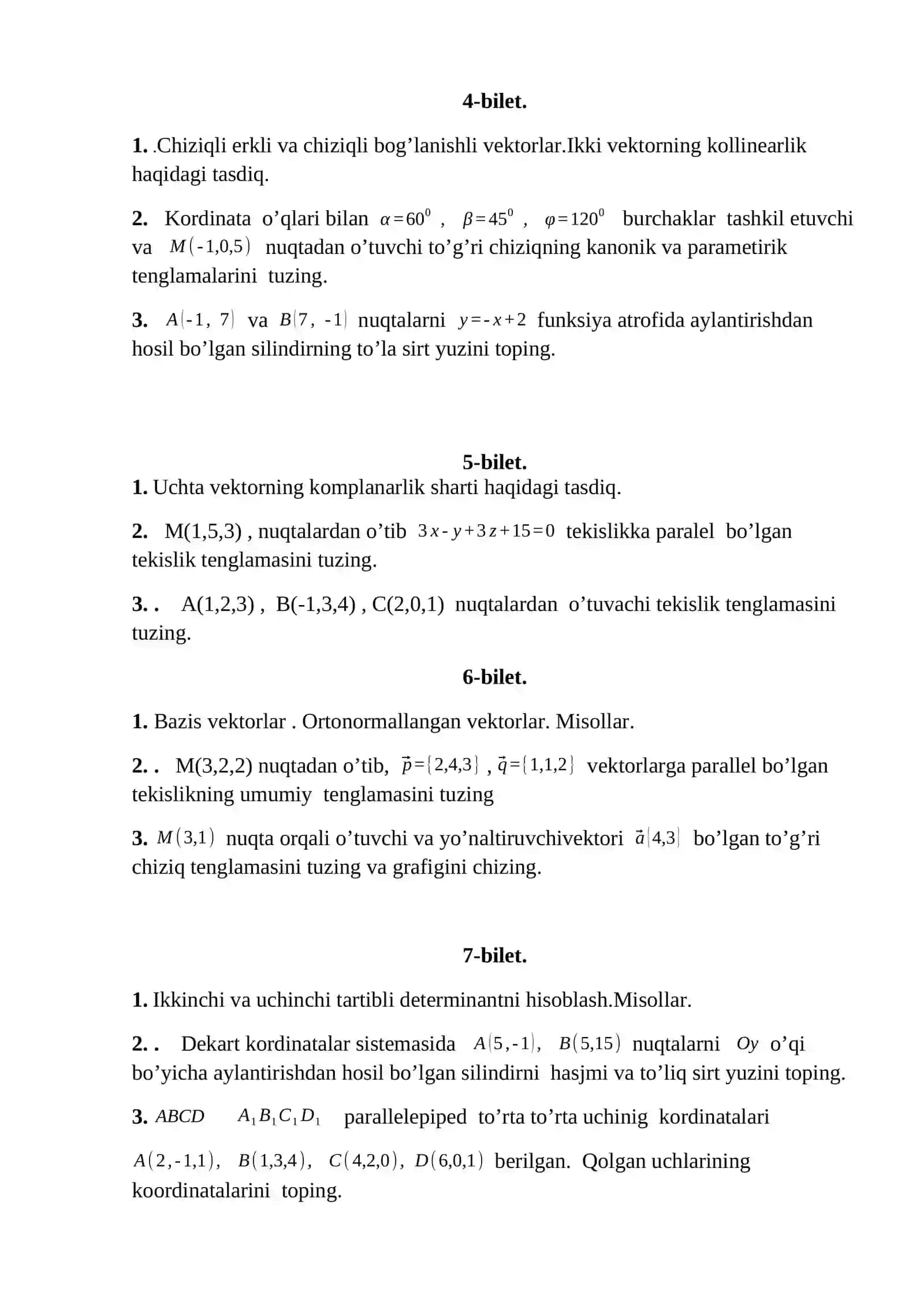 Mexanika va Matematika Modellashtirishdan 1-smestr Analitik Geometriya 2