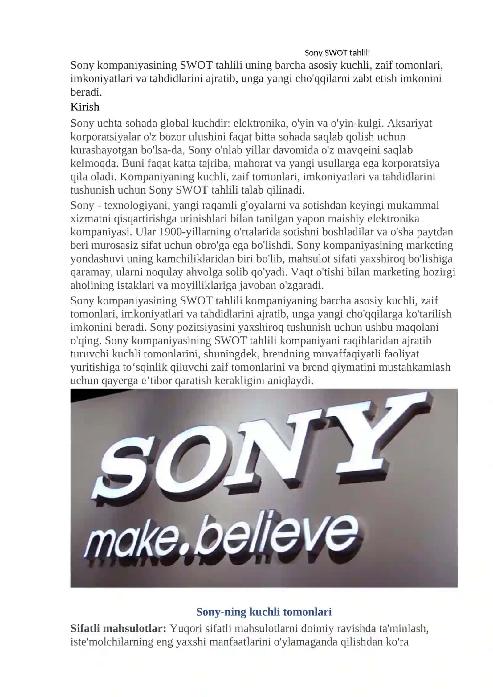 Sony SWOT tahlili 2