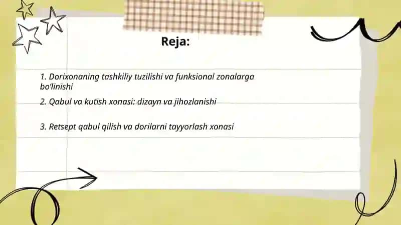 Dorixona tuzilishi xonalari tarkibi jihozlanishi 2