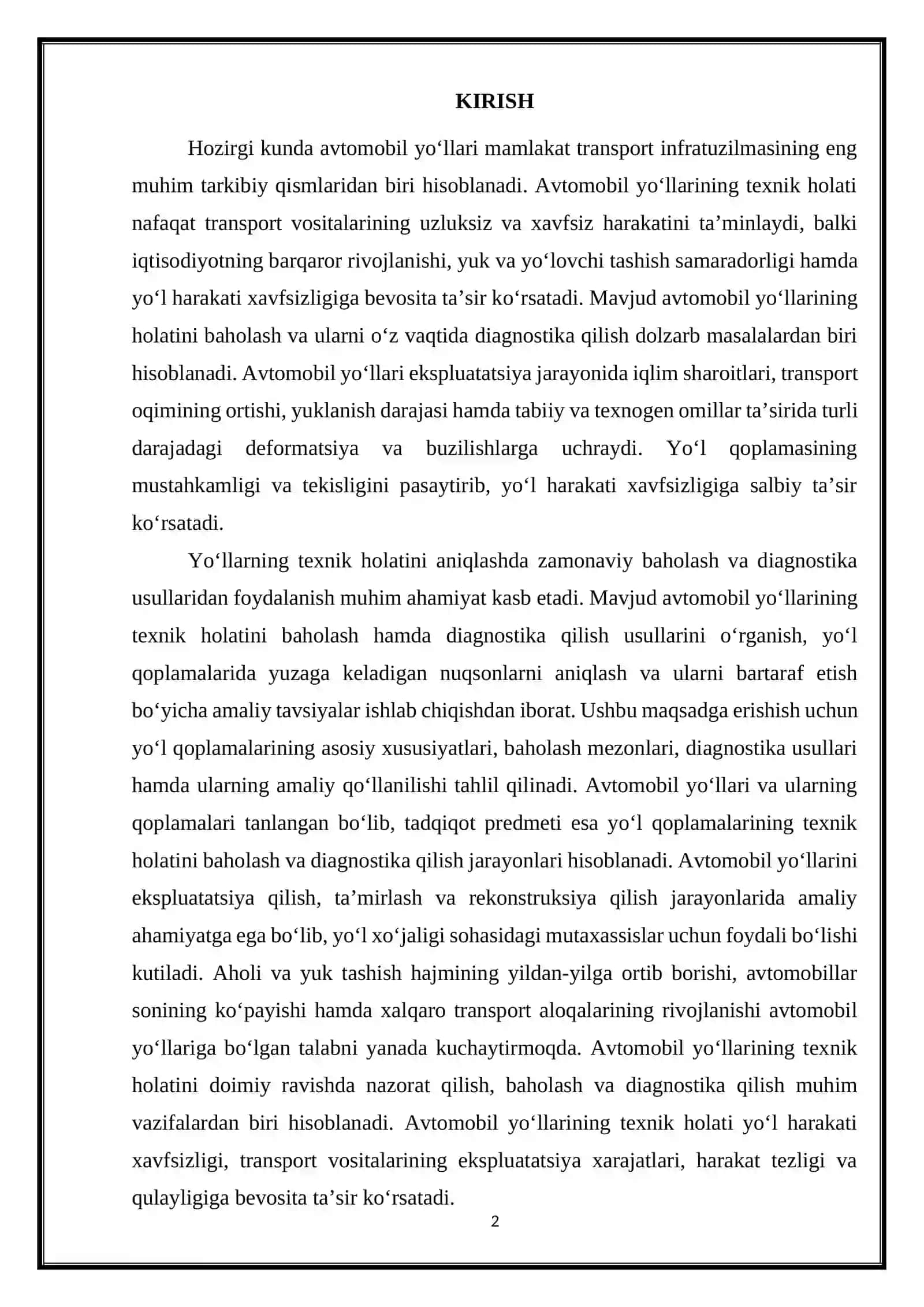 Mavjud avtomobil yo'llarining holatini baholash va uni diagnostika qilish 2