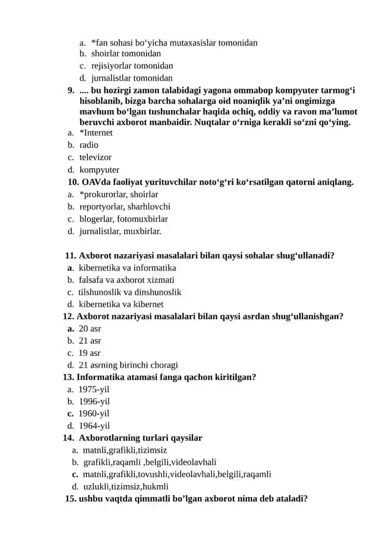 Akademik yozuv fanidan "AKADEMIK YOZUV VA AXBOROT. AXBOROTNING TURLARI VA XUSUSIYATLARI" mavzusida test savollari (javoblari bilan) 2