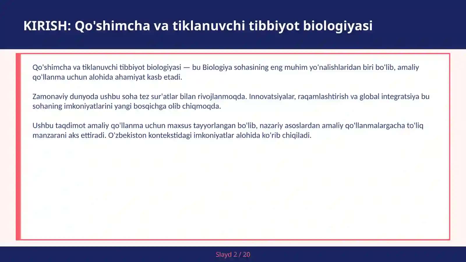 QO'SHIMCHA VA TIKLANUVCHI TIBBIYOT BIOLOGIYASI 2