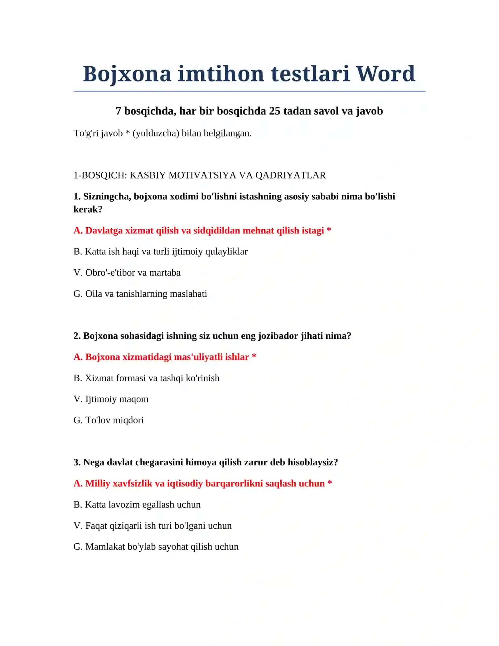 Bojxona imtihon testlari Word 2