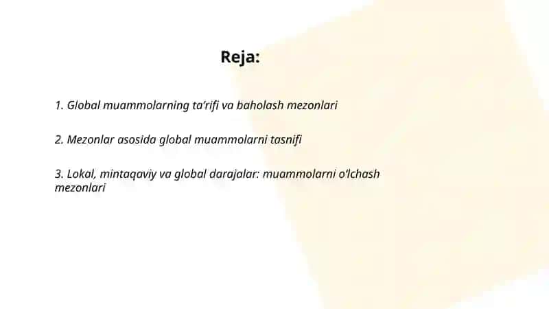 Global muammolarning mezonlari va darajalari 2