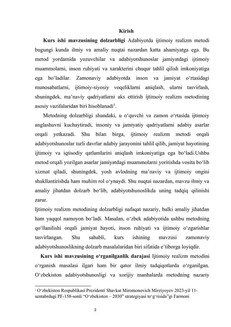 Adabiyotda ijtimoiy realizm metodi kurs ishi 2