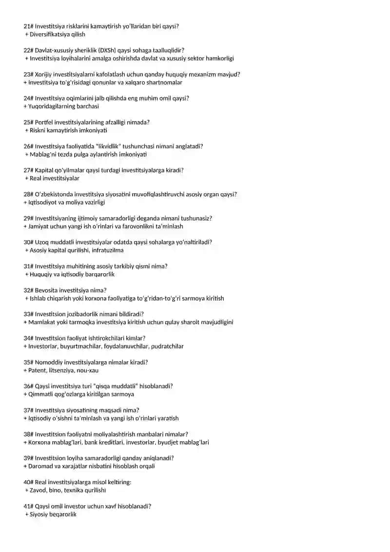 Investitsiya yakuniy javoblari 2