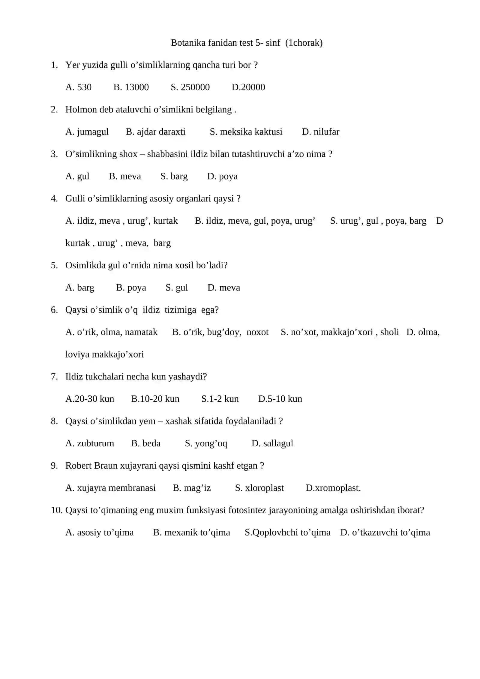 Biologiya fanidan 1-4 chorak testlar 2
