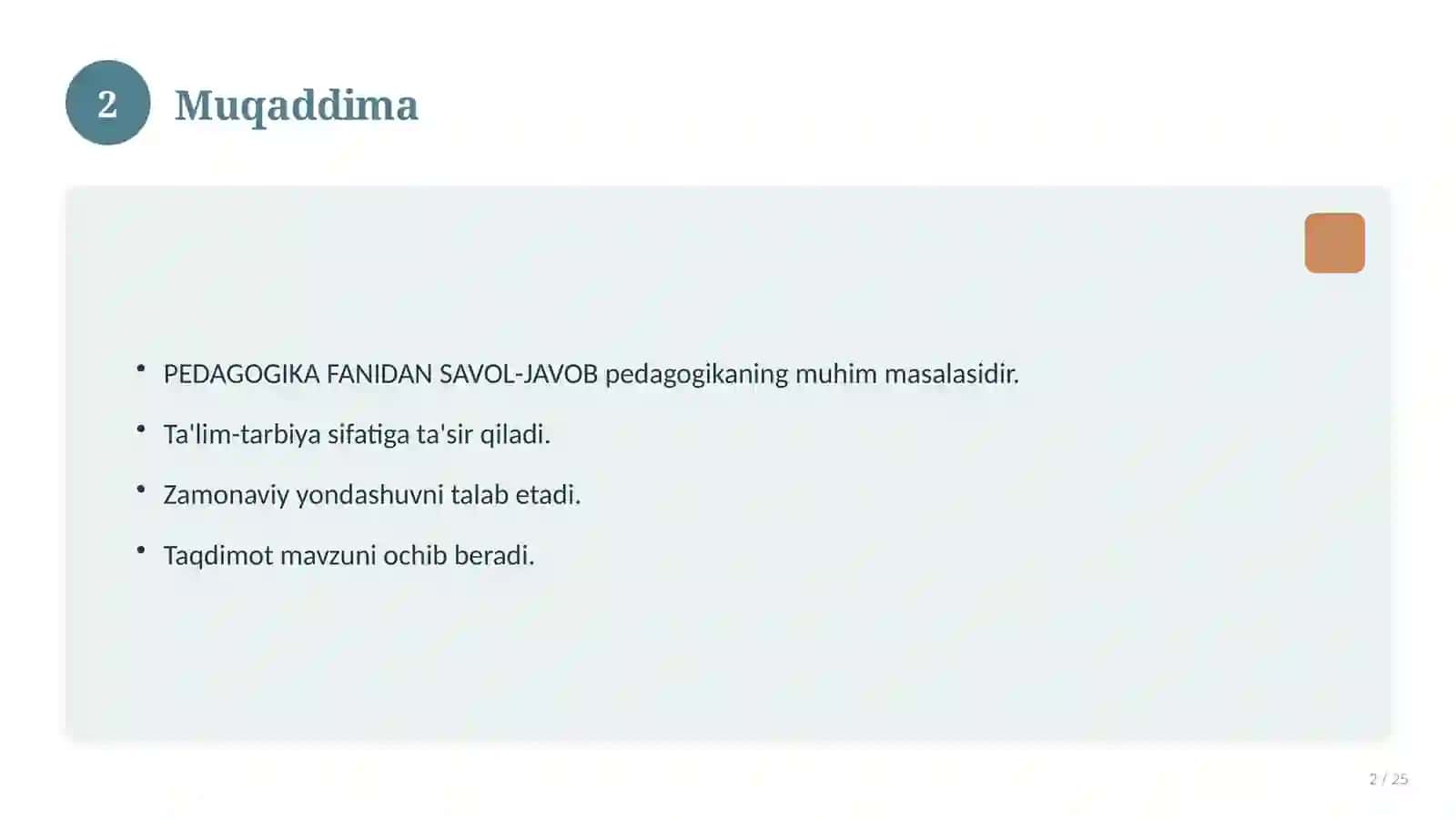 PEDAGOGIKA FANIDAN SAVOL-JAVOB 2