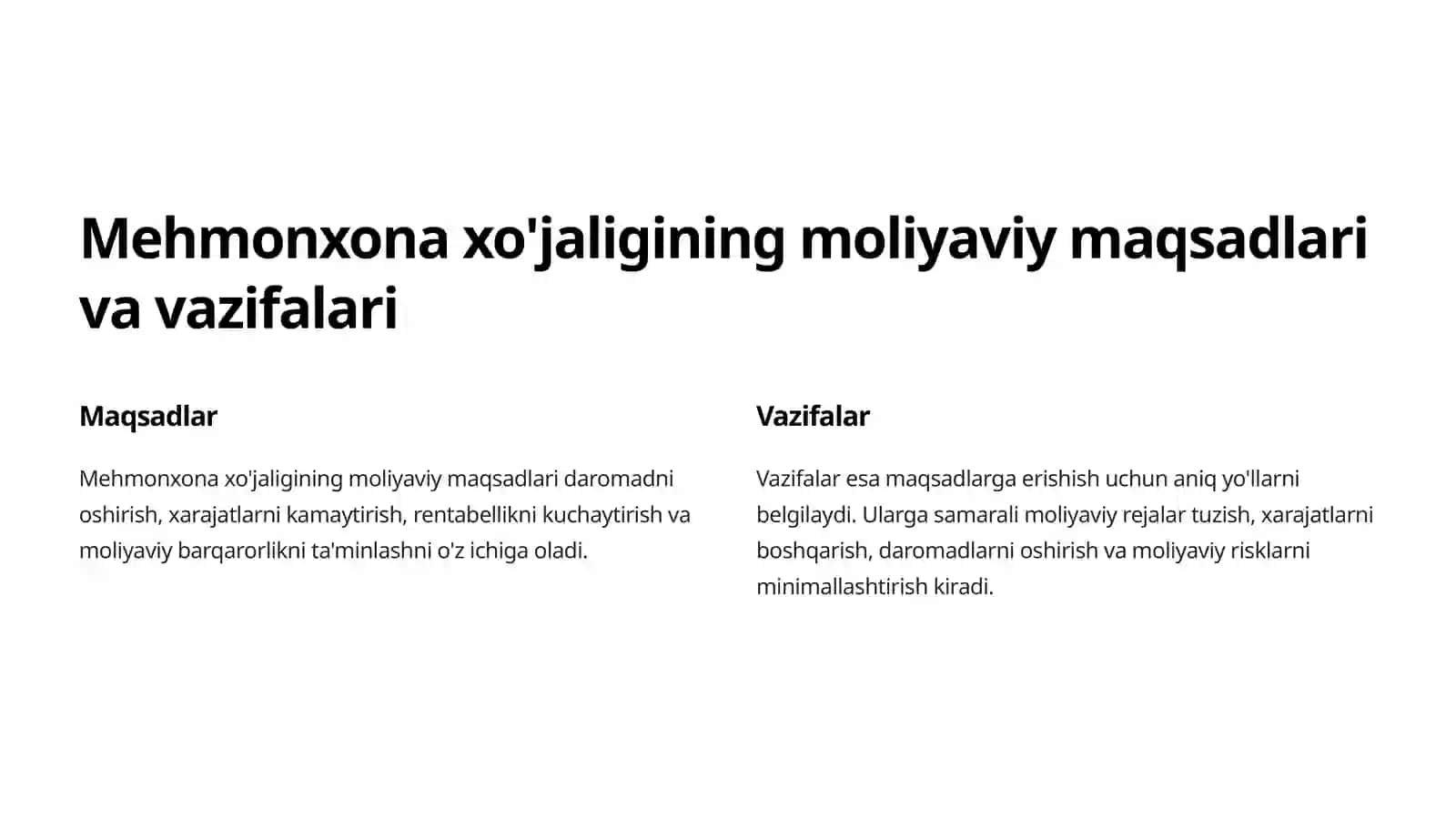 Mehmonxona xo'jaligining moliyaviy faoliyatini rejalashtirish 2