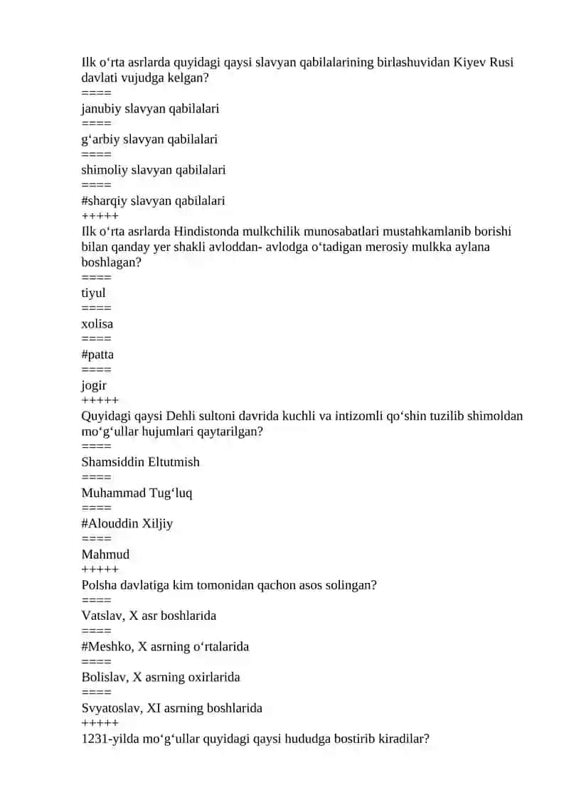 Jahon tarixi fanidan 2-kurs 2- semester uchun test savollari 2