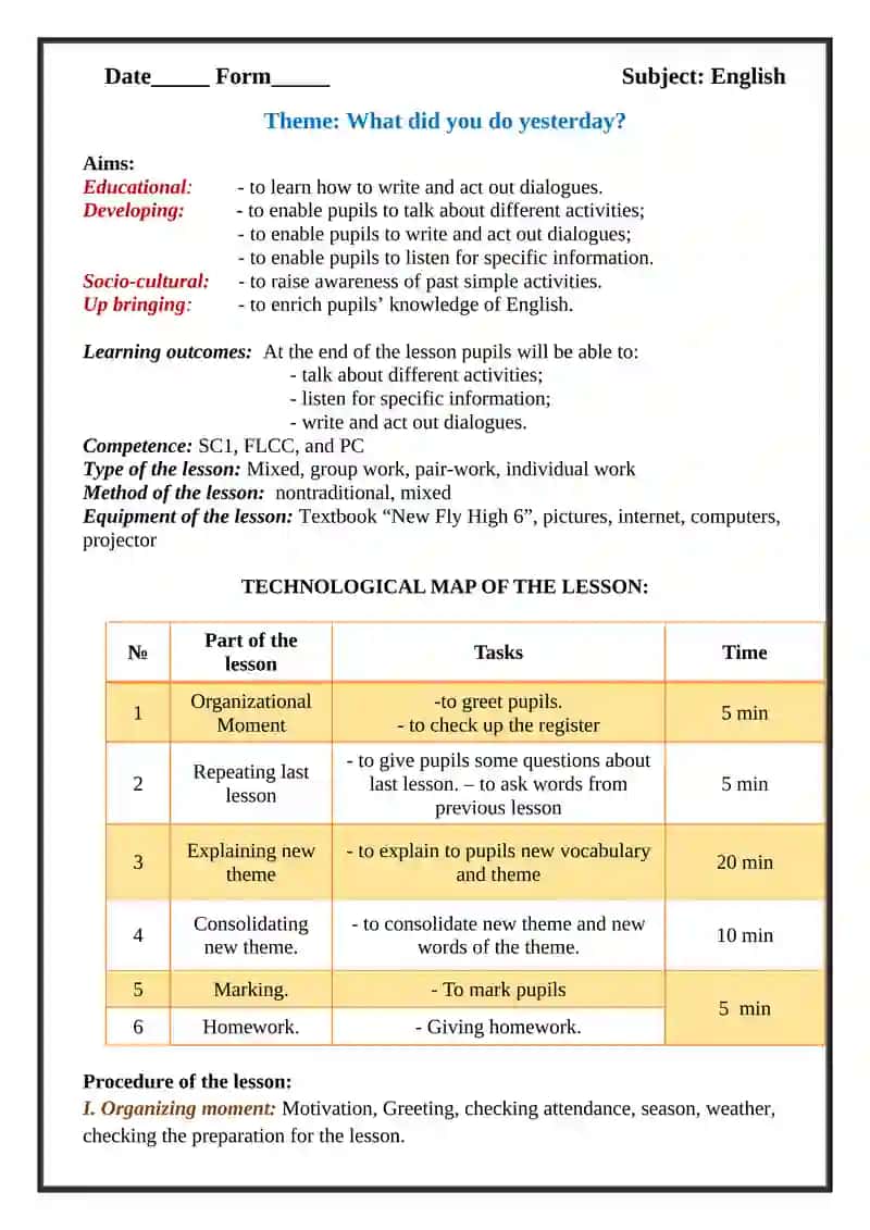 6-sinflar uchun Unit 6. Lesson 1 What did you do yesterday? mavzusida 1 soatlik Dars ishlanmasi 2
