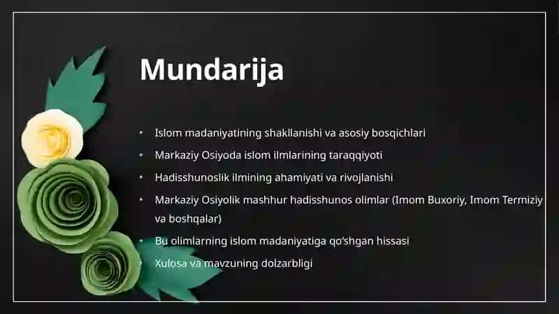Islom madaniyatining tarkib topishi va rivojlanishi. Markaziy Osiyolik buyuk hadisshunos olimlar va ularning islom madaniyatiga qo‘shgan hissasi. 2