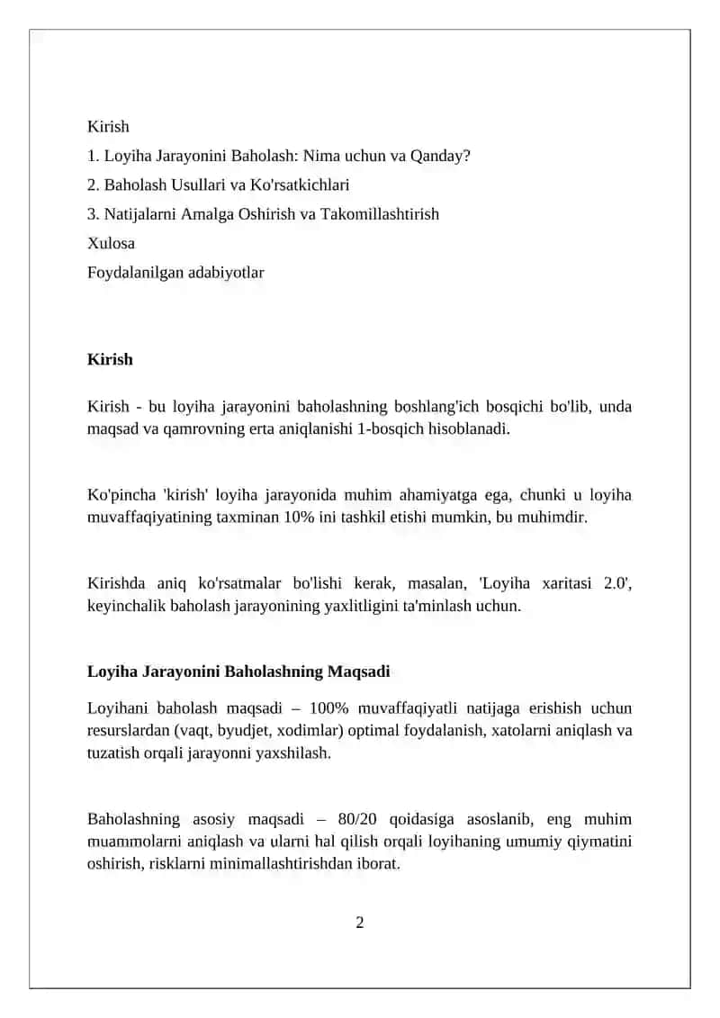 Loyiha jarayonlarini baholash 2