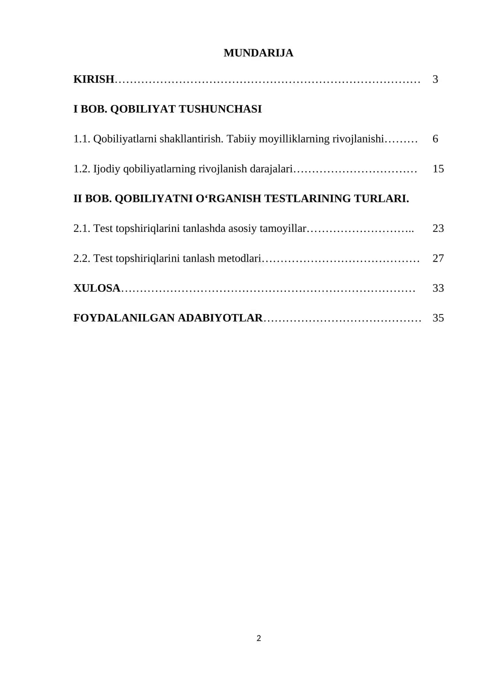 Qobilyatni o’rganish test topshiriqlarinin tanlash 2