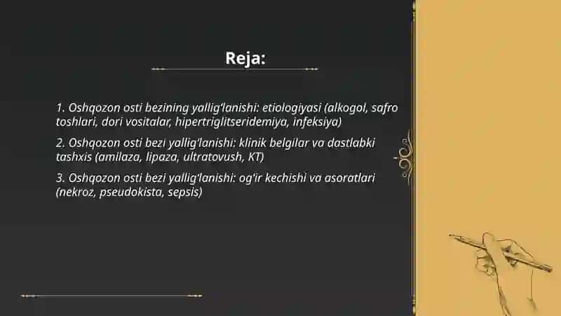 Oshqozon osti bezining yalligʻlanishi,Ingichka va yoʻğon ichak kasalliklari,gepatitlar,gigar tsirrozlari,sabablari, klinikasi, davolash va profilaktikasi 2