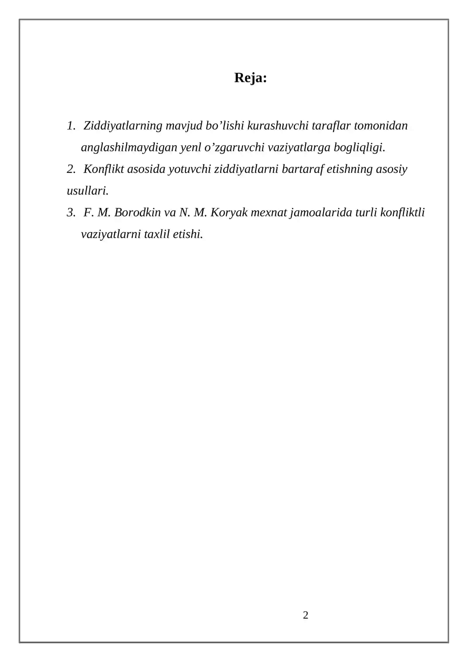 "Jamoadagi ziddiyatları bartaraf etishda rahbar o'brusining ahamiyati" kurs ishi 2
