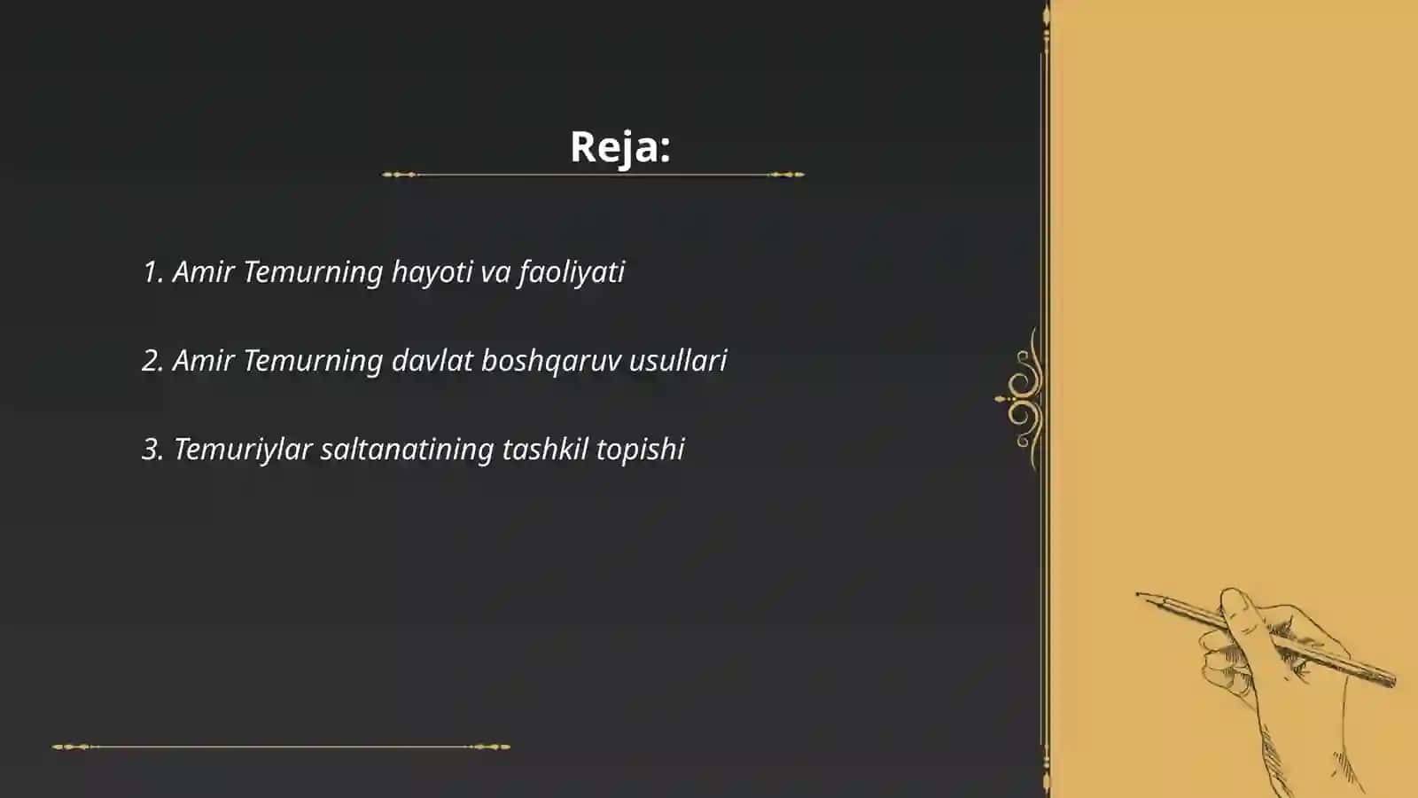 Amir Temur davlat arbobi mavzusida 15 ta listdan iborat slayd 2