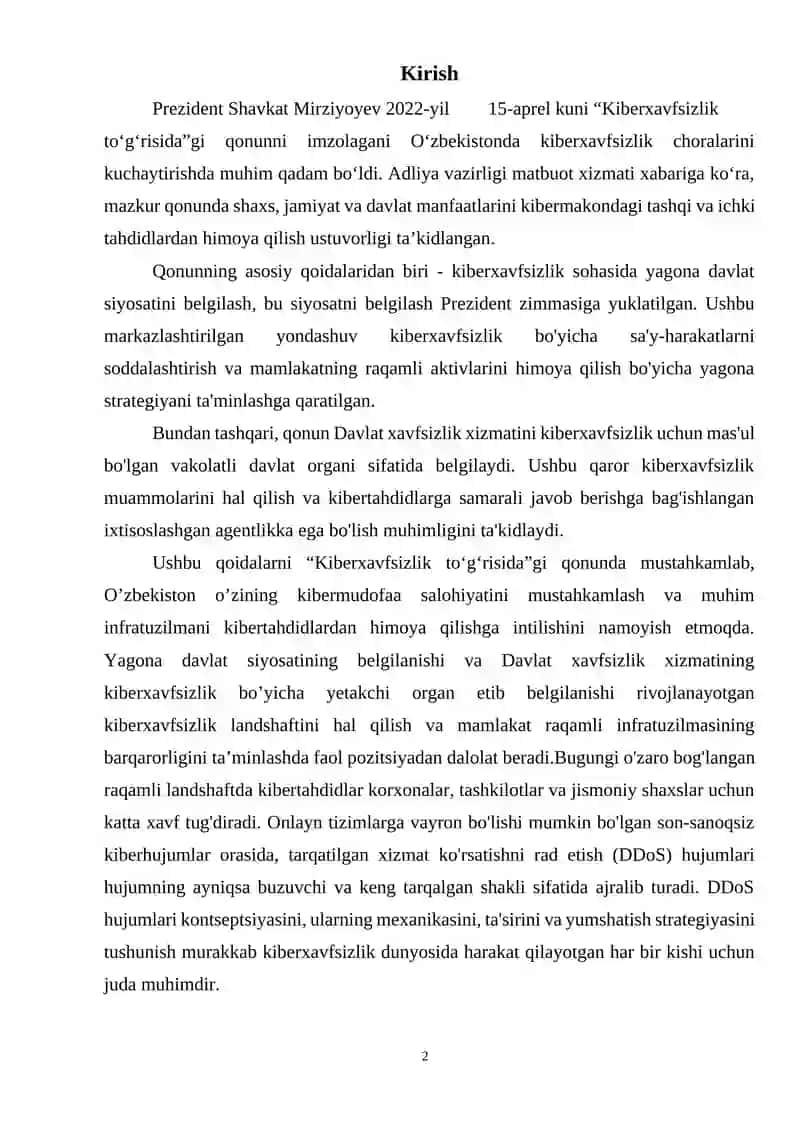 DDOS HUJUMLARINING TURLARI, HIMOYA QILISH USULLARI VA DASTURIY VOSITANING QIYOSIY TAHLILI 2