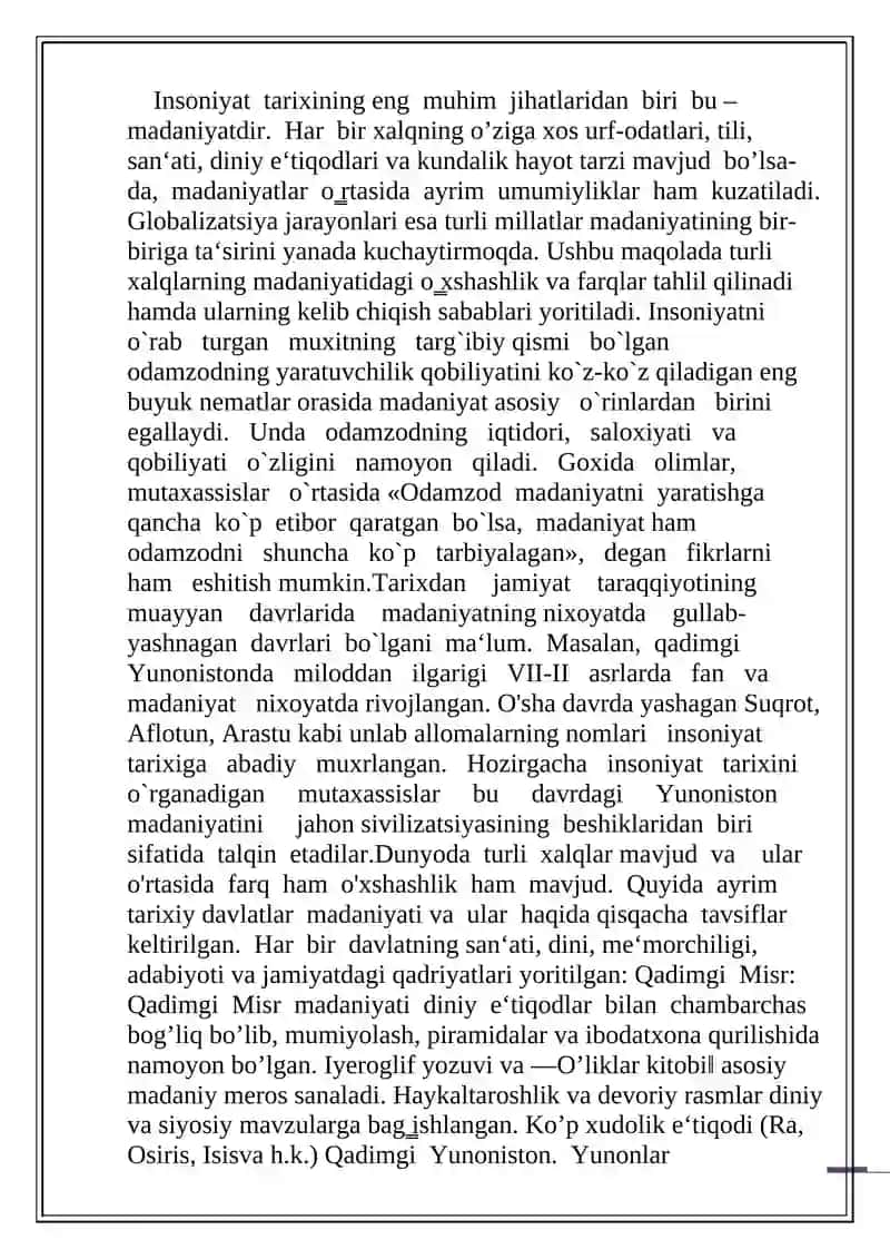 DUNYO XALQLARI MADANIYATIDAGI UMUMIYLIK VA FARQLAR 2