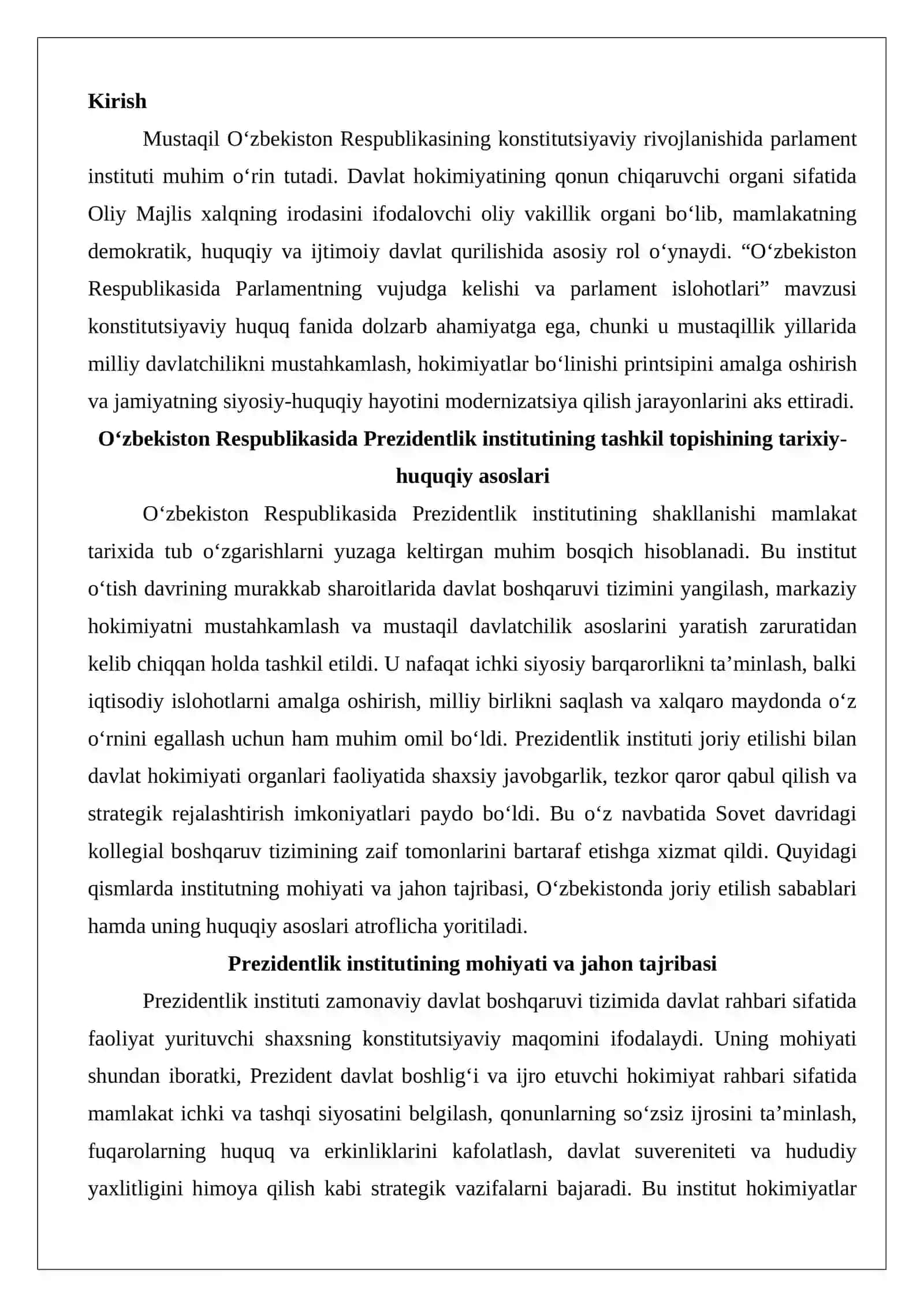 O‘zbekiston Respublikasida parlamentning vujudga kelishi va parlament islohotlari 2