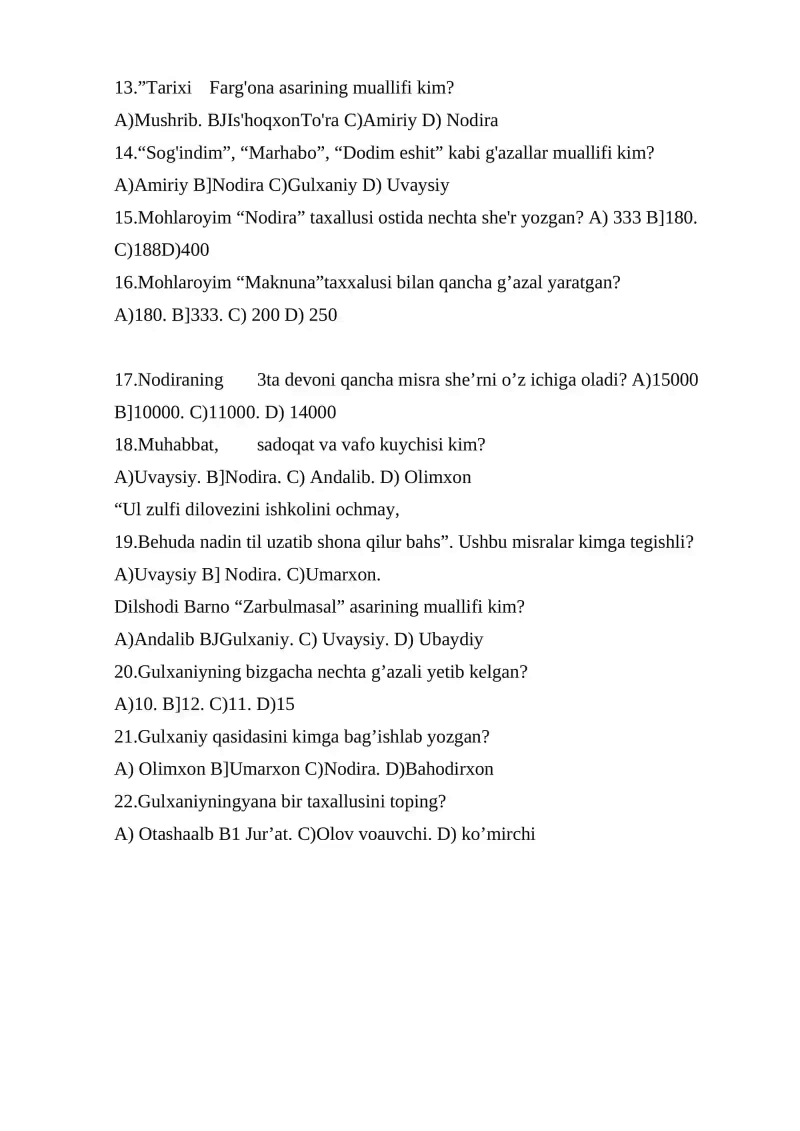 QO’QON XONLIGI TEST SAVOLLARI 2